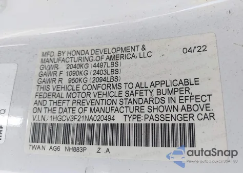 2022 Honda Accord Hybrid Sport из США, поврежденный, VIN 1HGCV3F21NA020494